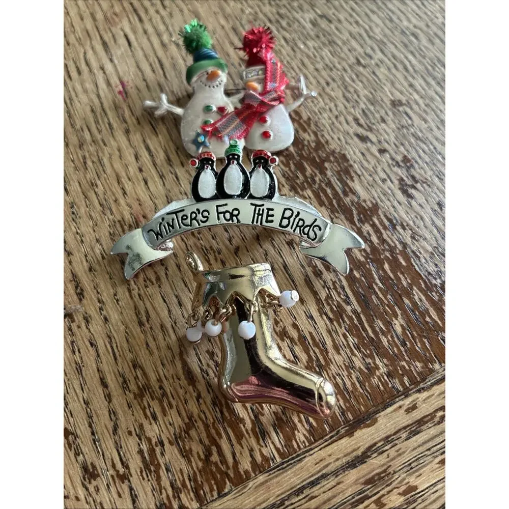 Lot of 3 Christmas House Snowman Stocking Penguins Vintage Gold Pin Brooch